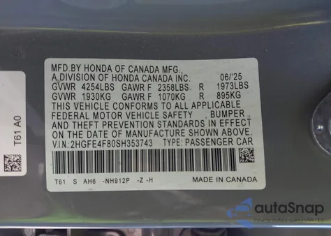 2025 Honda Civic Hybrid Sport/Sport Touring z USA, uszkodzony, nr VIN 2HGFE4F80SH353743